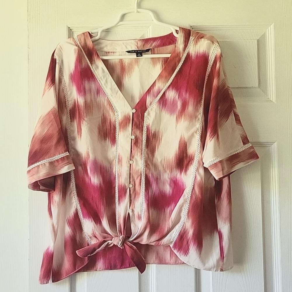 Zac and Rachel pink ikat tie dye button up tie blouse size XL